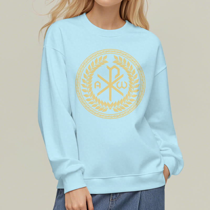 Christiandiscipleshop Classic Style Sacred Chi-rho Emblem Laurel Wreath Fleece Lined Polyester Sweatshirt