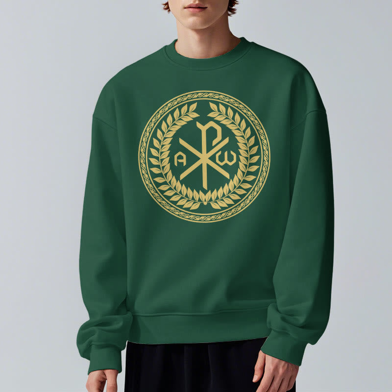 Christiandiscipleshop Classic Style Sacred Chi-rho Emblem Laurel Wreath Fleece Lined Polyester Sweatshirt