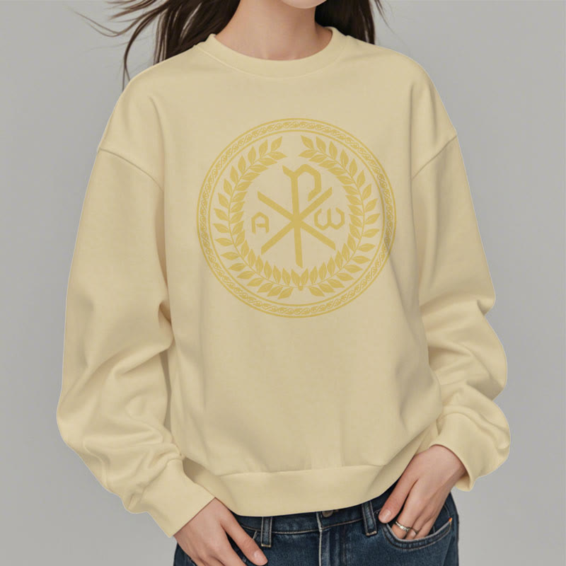 Christiandiscipleshop Classic Style Sacred Chi-rho Emblem Laurel Wreath Fleece Lined Polyester Sweatshirt