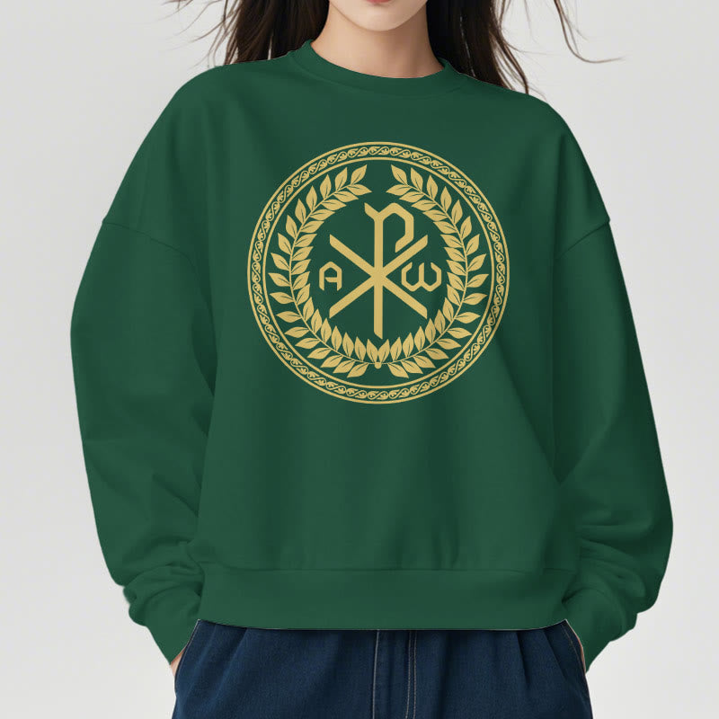 Christiandiscipleshop Classic Style Sacred Chi-rho Emblem Laurel Wreath Fleece Lined Polyester Sweatshirt