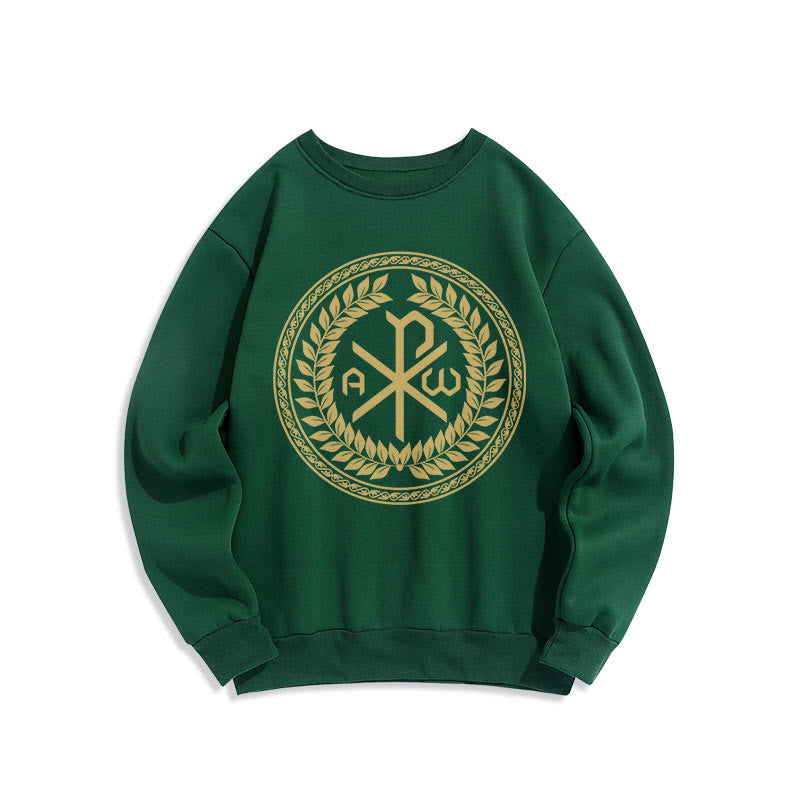 Christiandiscipleshop Classic Style Sacred Chi-rho Emblem Laurel Wreath Fleece Lined Polyester Sweatshirt