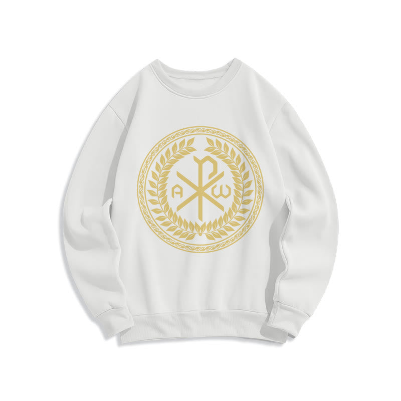 Christiandiscipleshop Classic Style Sacred Chi-rho Emblem Laurel Wreath Fleece Lined Polyester Sweatshirt