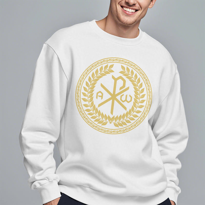Christiandiscipleshop Classic Style Sacred Chi-rho Emblem Laurel Wreath Fleece Lined Polyester Sweatshirt