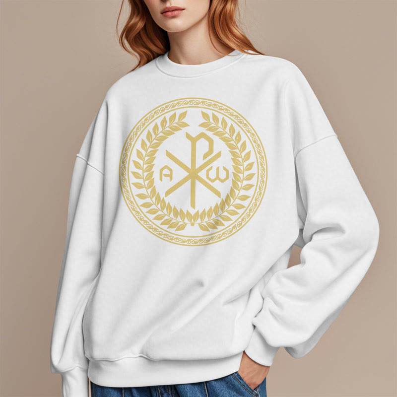 Christiandiscipleshop Classic Style Sacred Chi-rho Emblem Laurel Wreath Fleece Lined Polyester Sweatshirt