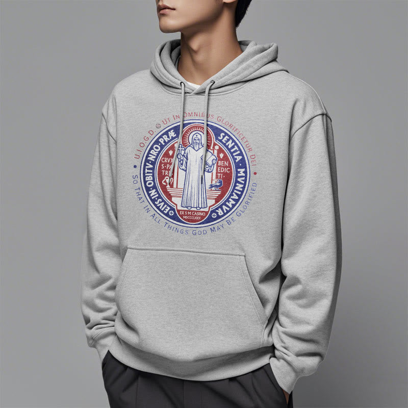 Christianartworkshop Classic Colored Style St. Benedict Medal Emblem Fleece Lined Polyester Hoodie