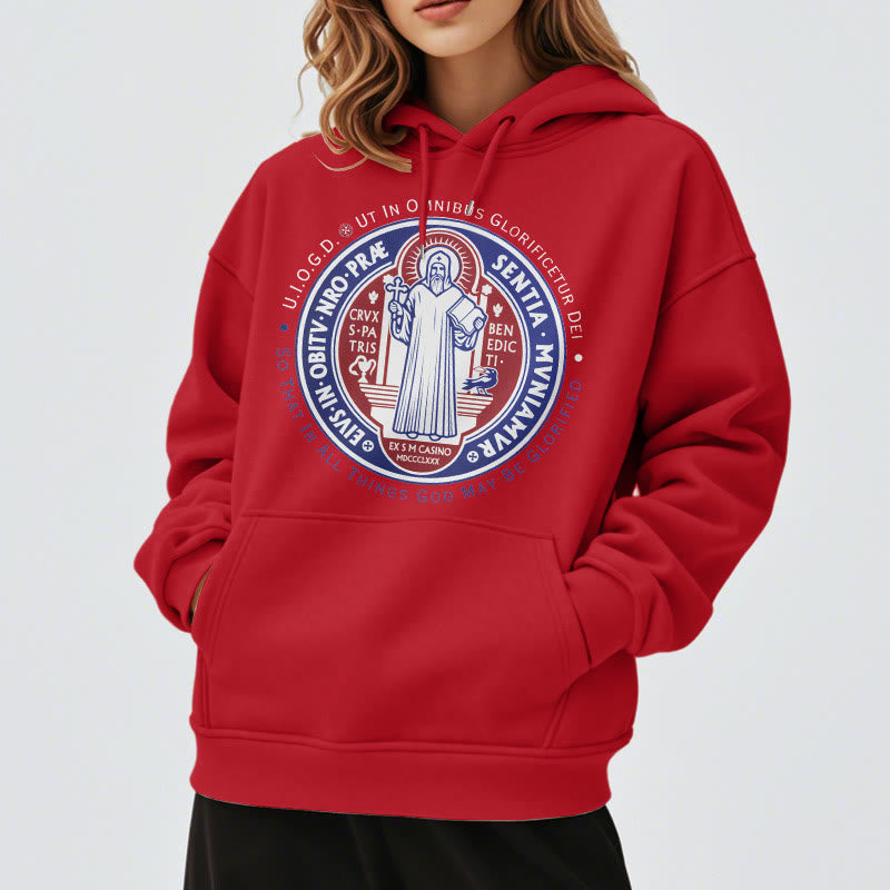 Christianartworkshop Classic Colored Style St. Benedict Medal Emblem Fleece Lined Polyester Hoodie