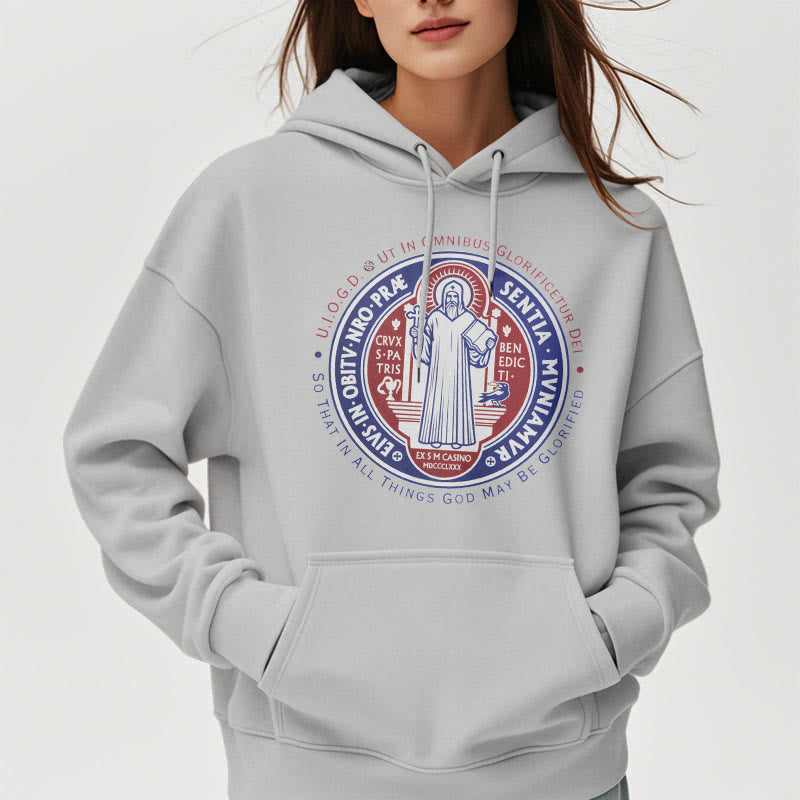 Christianartworkshop Classic Colored Style St. Benedict Medal Emblem Fleece Lined Polyester Hoodie