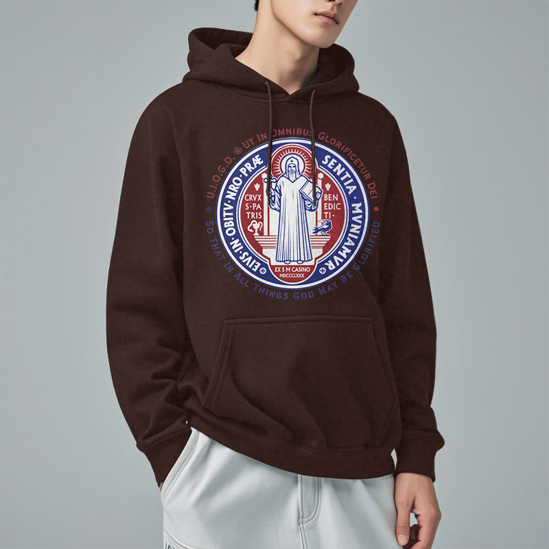 Christianartworkshop Classic Colored Style St. Benedict Medal Emblem Fleece Lined Polyester Hoodie