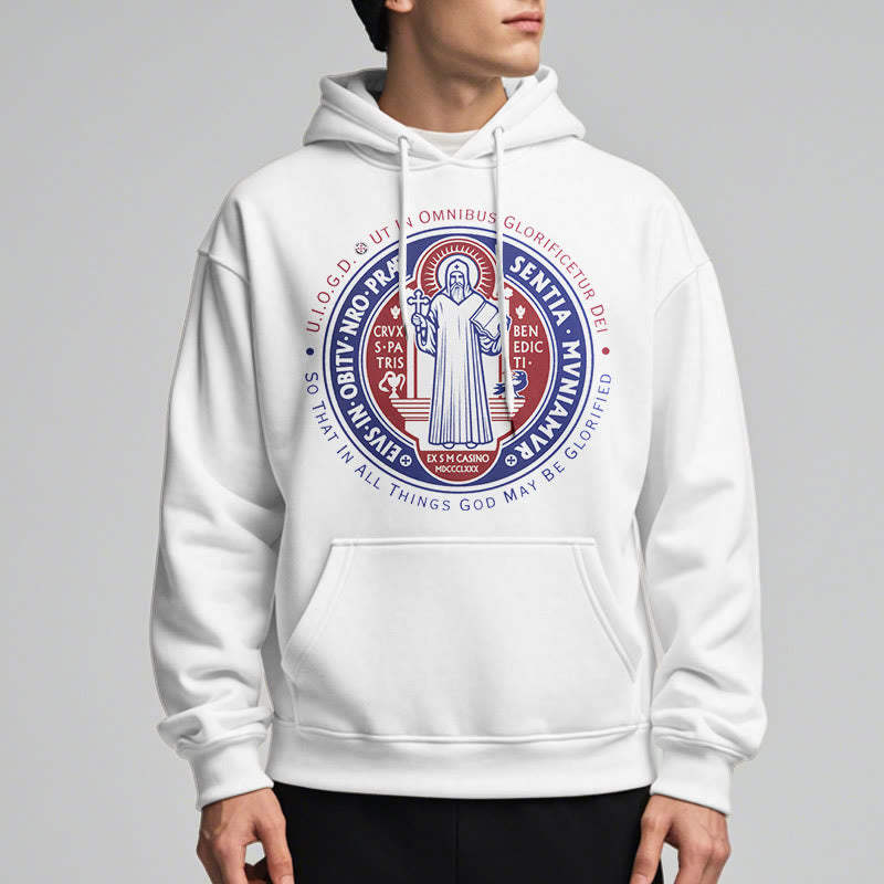 Christianartworkshop Classic Colored Style St. Benedict Medal Emblem Fleece Lined Polyester Hoodie