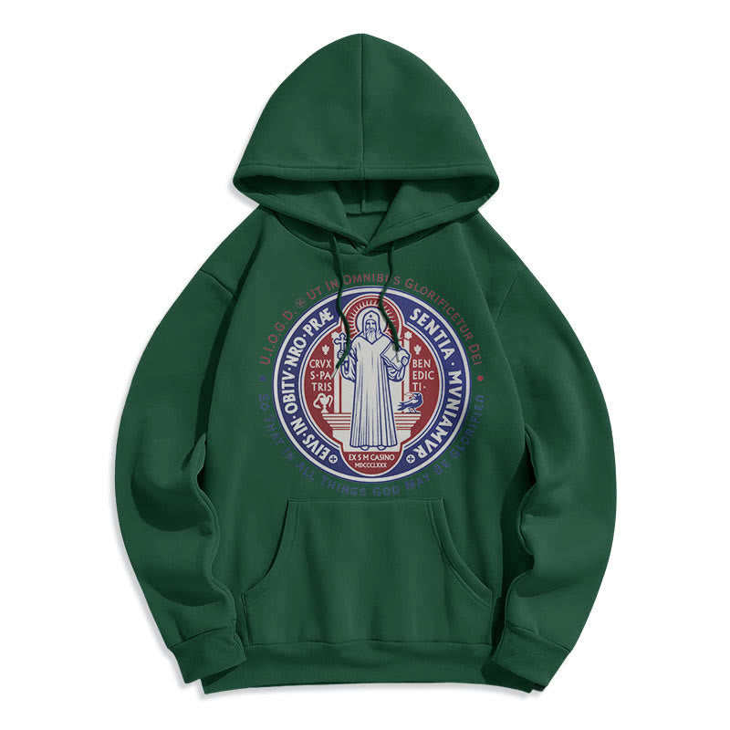 Christianartworkshop Classic Colored Style St. Benedict Medal Emblem Fleece Lined Polyester Hoodie