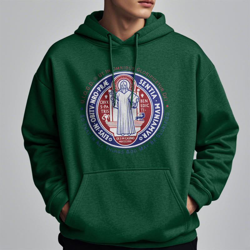 Christianartworkshop Classic Colored Style St. Benedict Medal Emblem Fleece Lined Polyester Hoodie