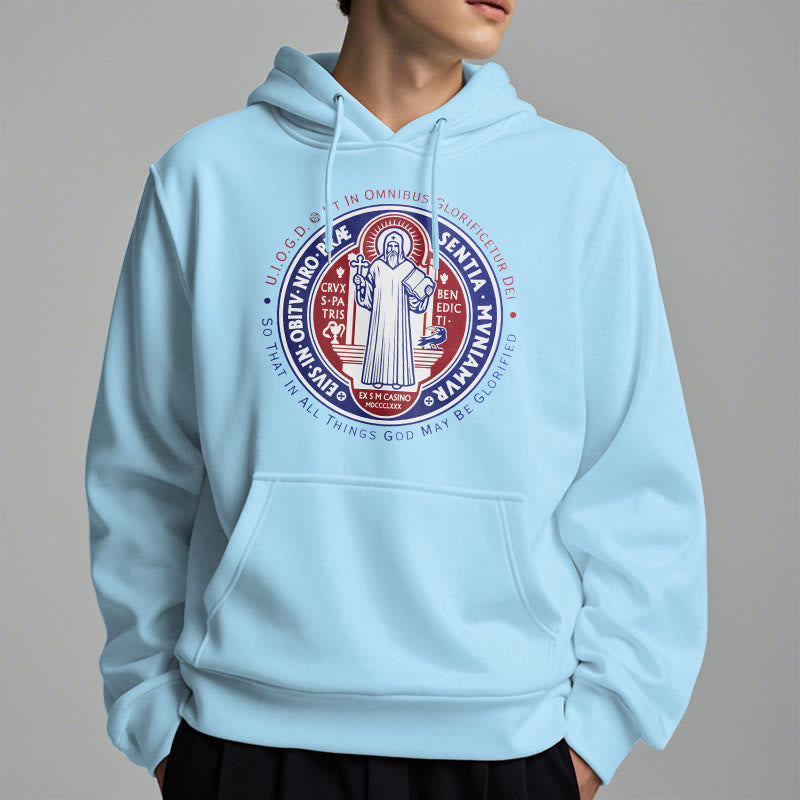 Christianartworkshop Classic Colored Style St. Benedict Medal Emblem Fleece Lined Polyester Hoodie