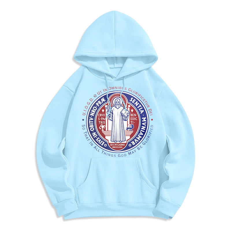 Christianartworkshop Classic Colored Style St. Benedict Medal Emblem Fleece Lined Polyester Hoodie