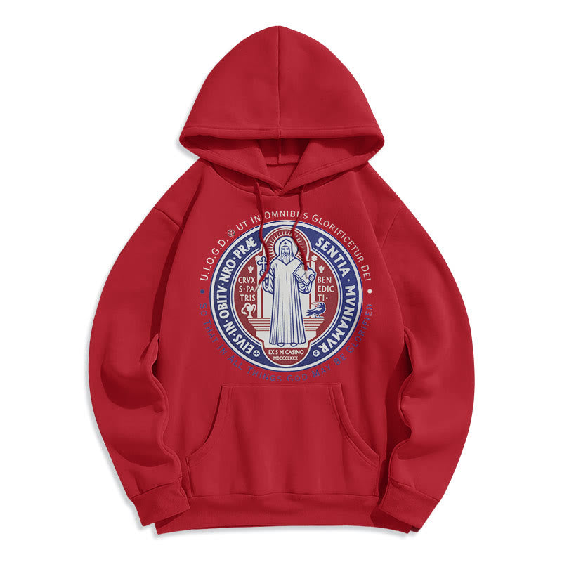 Christianartworkshop Classic Colored Style St. Benedict Medal Emblem Fleece Lined Polyester Hoodie