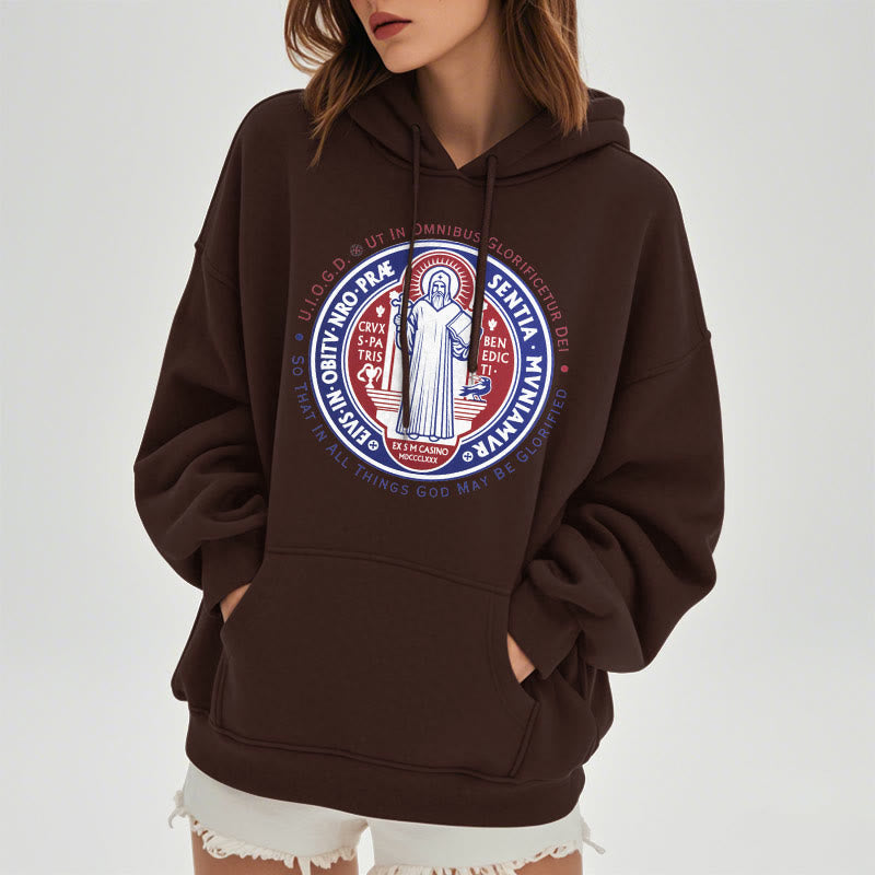 Christianartworkshop Classic Colored Style St. Benedict Medal Emblem Fleece Lined Polyester Hoodie