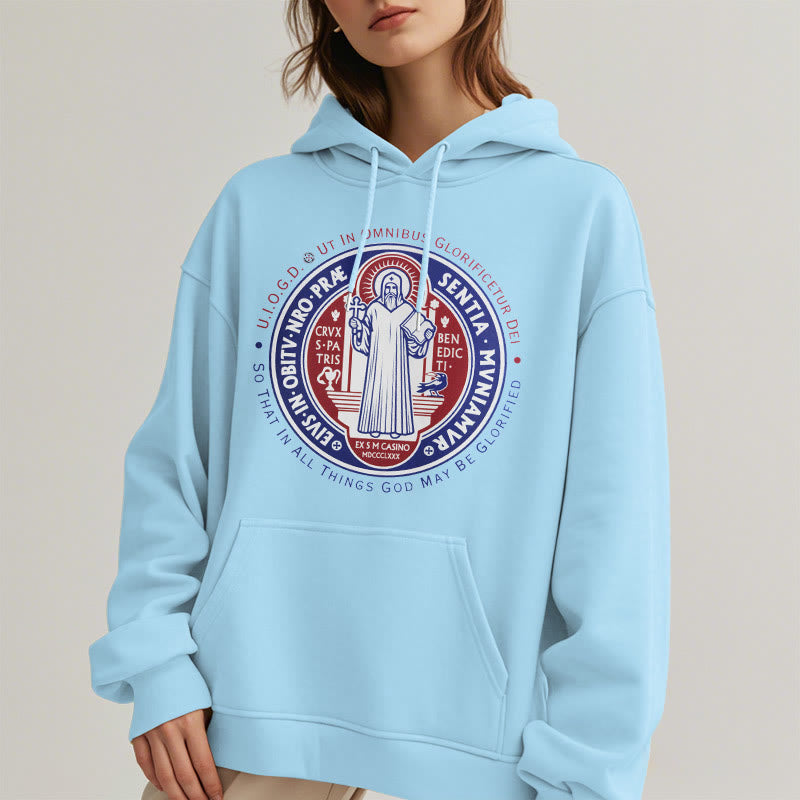 Christianartworkshop Classic Colored Style St. Benedict Medal Emblem Fleece Lined Polyester Hoodie