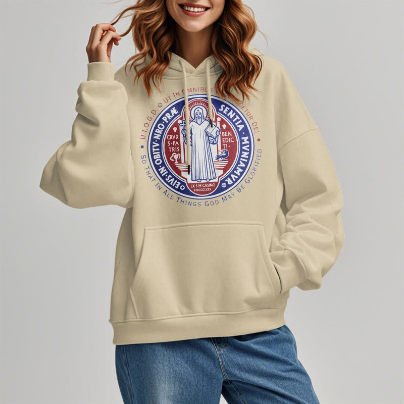 Christianartworkshop Classic Colored Style St. Benedict Medal Emblem Fleece Lined Polyester Hoodie