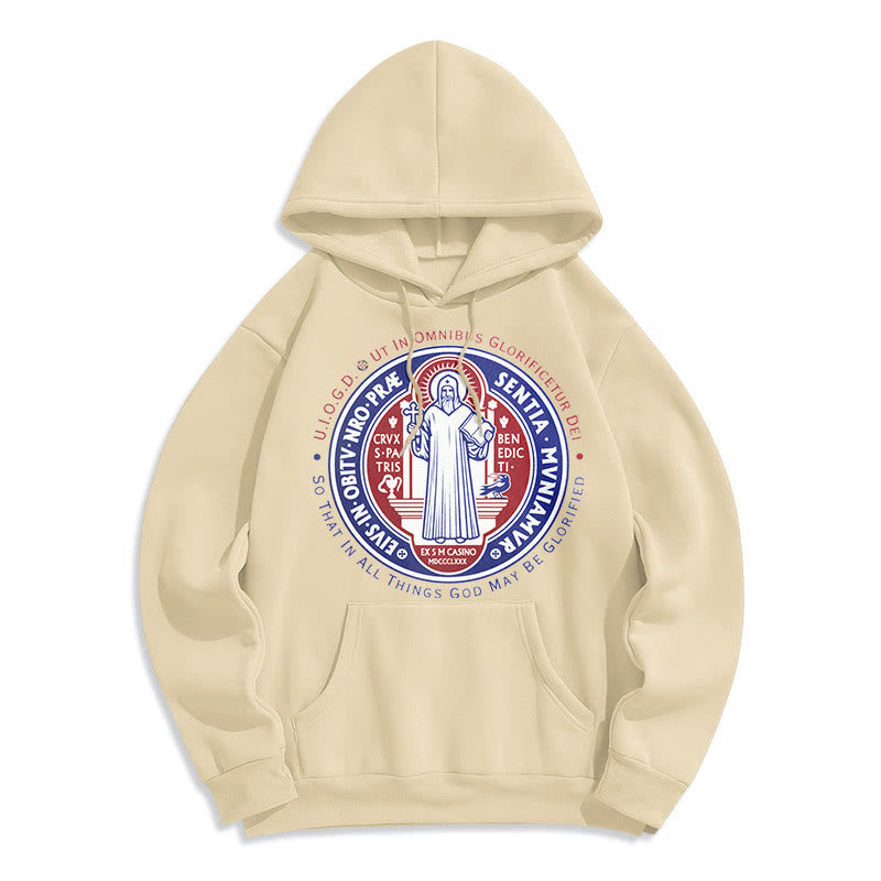 Christianartworkshop Classic Colored Style St. Benedict Medal Emblem Fleece Lined Polyester Hoodie