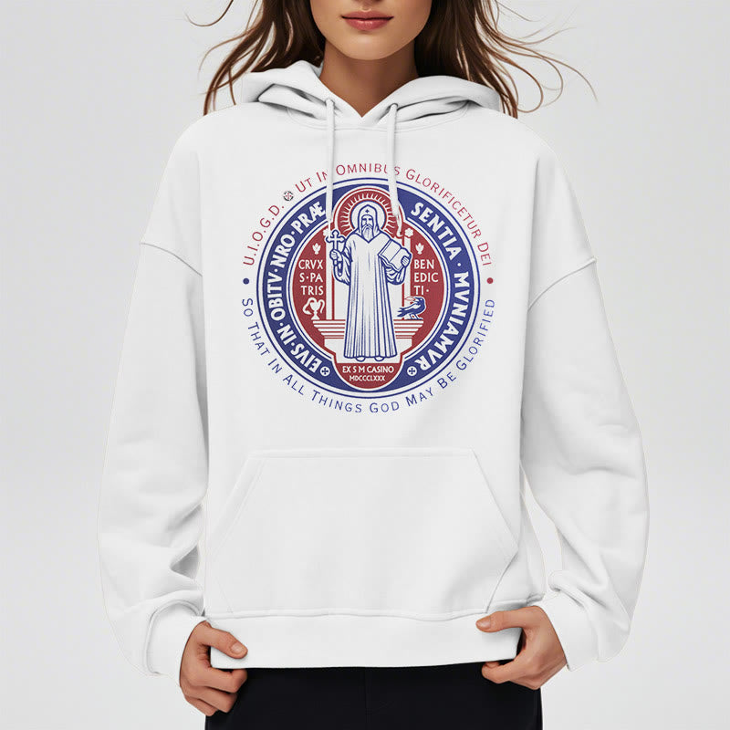 Christianartworkshop Classic Colored Style St. Benedict Medal Emblem Fleece Lined Polyester Hoodie