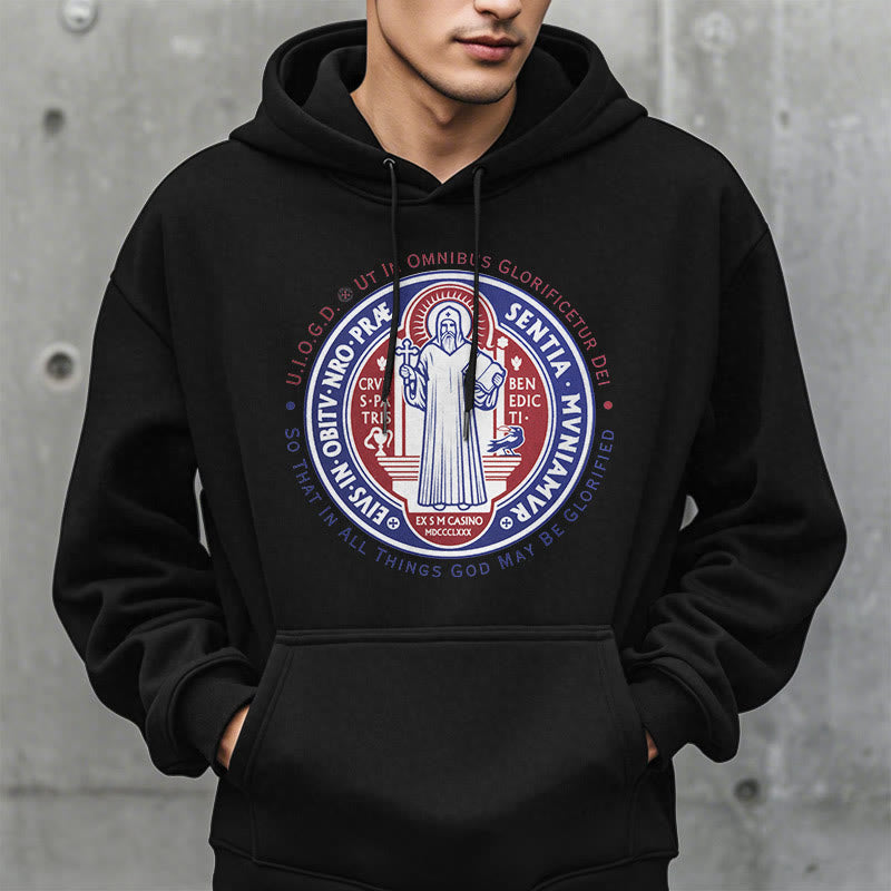 Christianartworkshop Classic Colored Style St. Benedict Medal Emblem Fleece Lined Polyester Hoodie