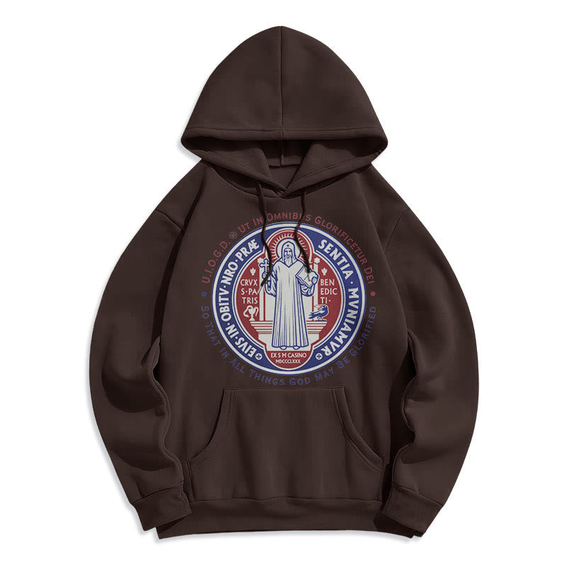 Christianartworkshop Classic Colored Style St. Benedict Medal Emblem Fleece Lined Polyester Hoodie