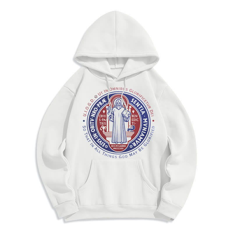 Christianartworkshop Classic Colored Style St. Benedict Medal Emblem Fleece Lined Polyester Hoodie