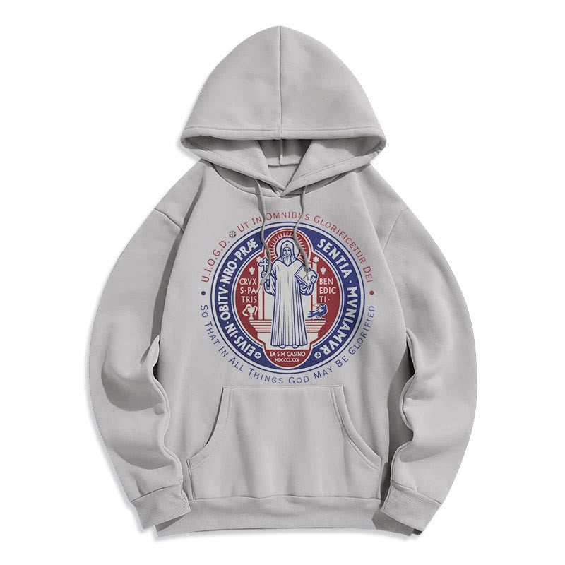 Christianartworkshop Classic Colored Style St. Benedict Medal Emblem Fleece Lined Polyester Hoodie