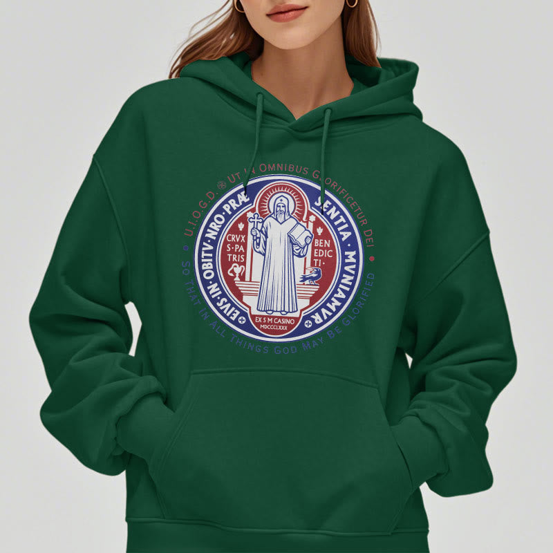 Christianartworkshop Classic Colored Style St. Benedict Medal Emblem Fleece Lined Polyester Hoodie