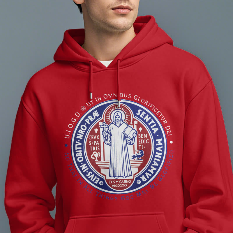 Christianartworkshop Classic Colored Style St. Benedict Medal Emblem Fleece Lined Polyester Hoodie