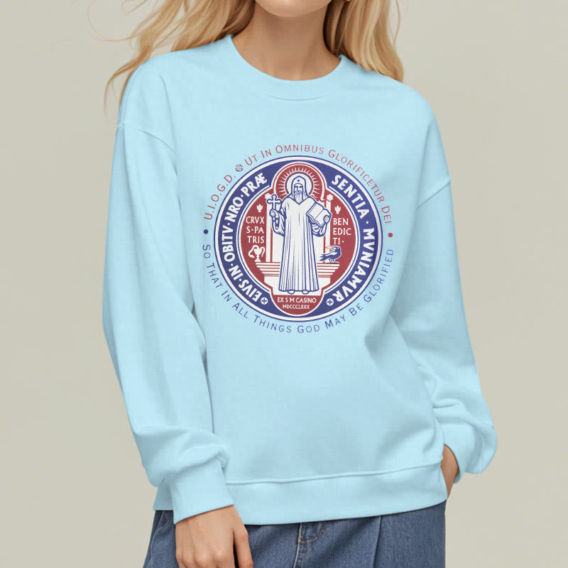 Christianartworkshop Classic Colored Style St. Benedict Medal Emblem Fleece Lined Polyester Sweatshirt