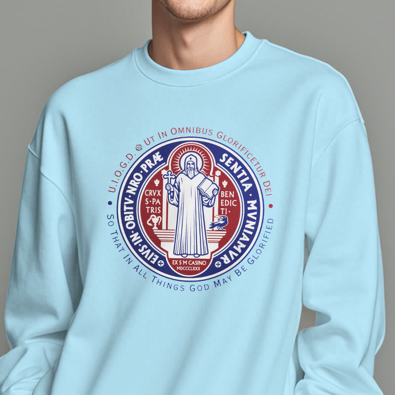 Christianartworkshop Classic Colored Style St. Benedict Medal Emblem Fleece Lined Polyester Sweatshirt