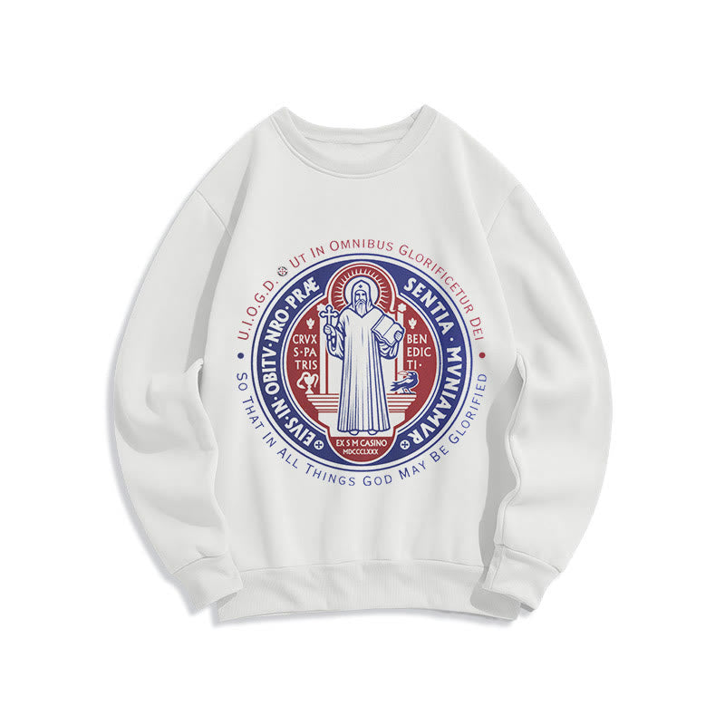 Christianartworkshop Classic Colored Style St. Benedict Medal Emblem Fleece Lined Polyester Sweatshirt