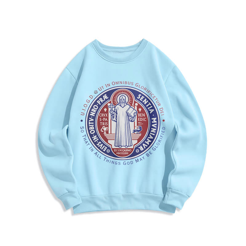 Christianartworkshop Classic Colored Style St. Benedict Medal Emblem Fleece Lined Polyester Sweatshirt