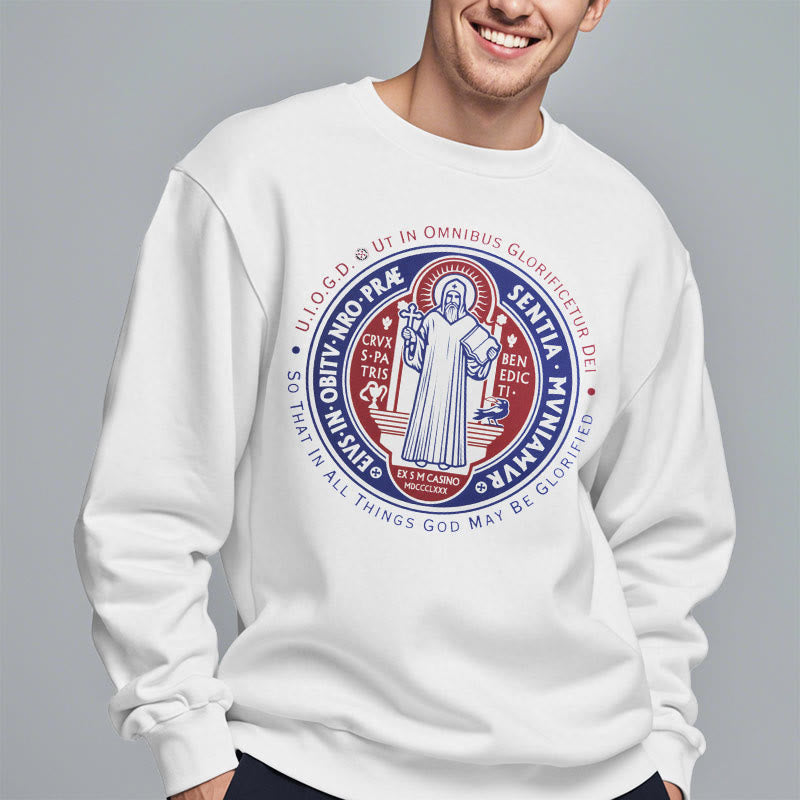 Christianartworkshop Classic Colored Style St. Benedict Medal Emblem Fleece Lined Polyester Sweatshirt
