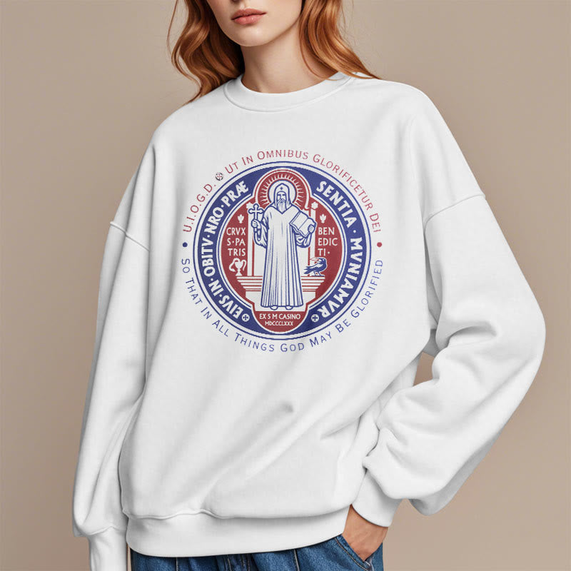 Christianartworkshop Classic Colored Style St. Benedict Medal Emblem Fleece Lined Polyester Sweatshirt