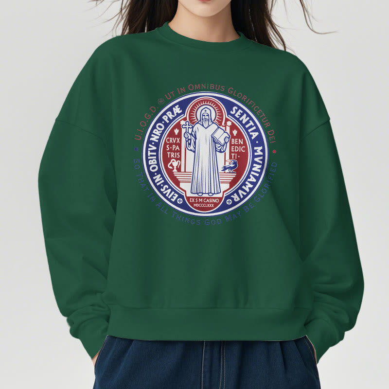 Christianartworkshop Classic Colored Style St. Benedict Medal Emblem Fleece Lined Polyester Sweatshirt