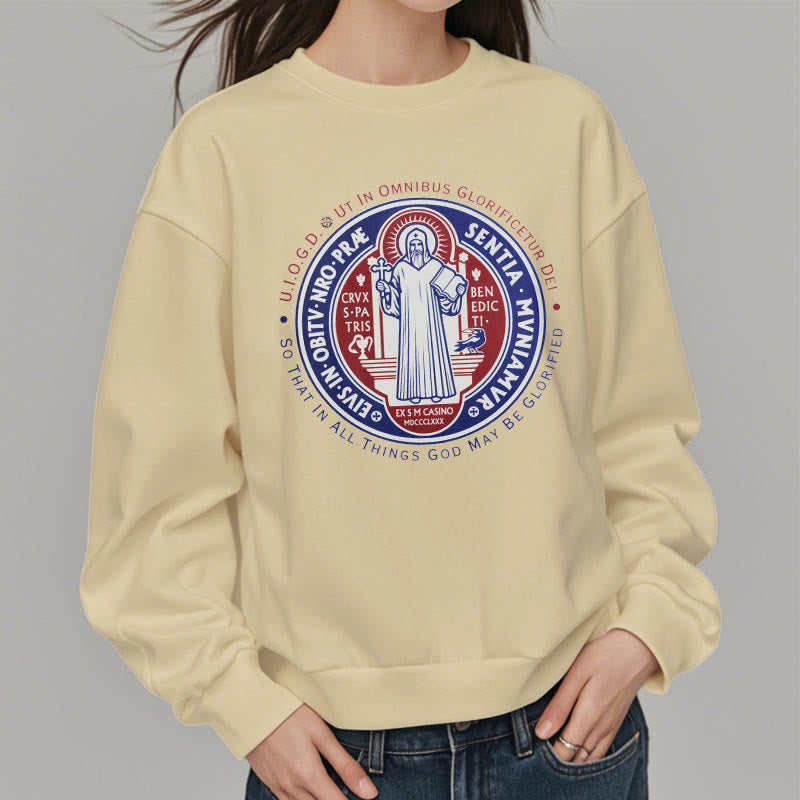 Christianartworkshop Classic Colored Style St. Benedict Medal Emblem Fleece Lined Polyester Sweatshirt