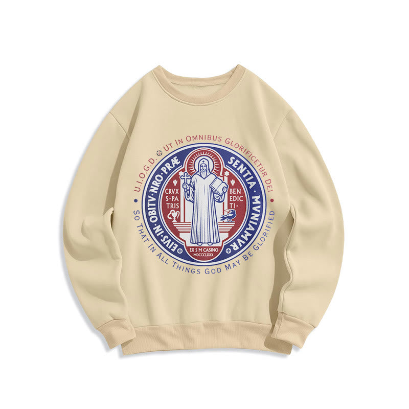 Christianartworkshop Classic Colored Style St. Benedict Medal Emblem Fleece Lined Polyester Sweatshirt