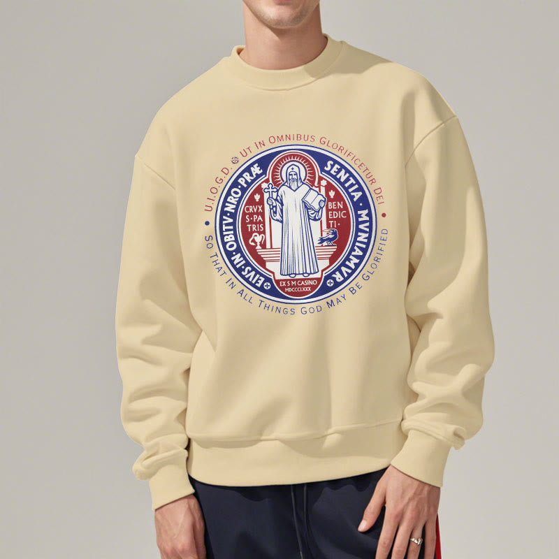 Christianartworkshop Classic Colored Style St. Benedict Medal Emblem Fleece Lined Polyester Sweatshirt
