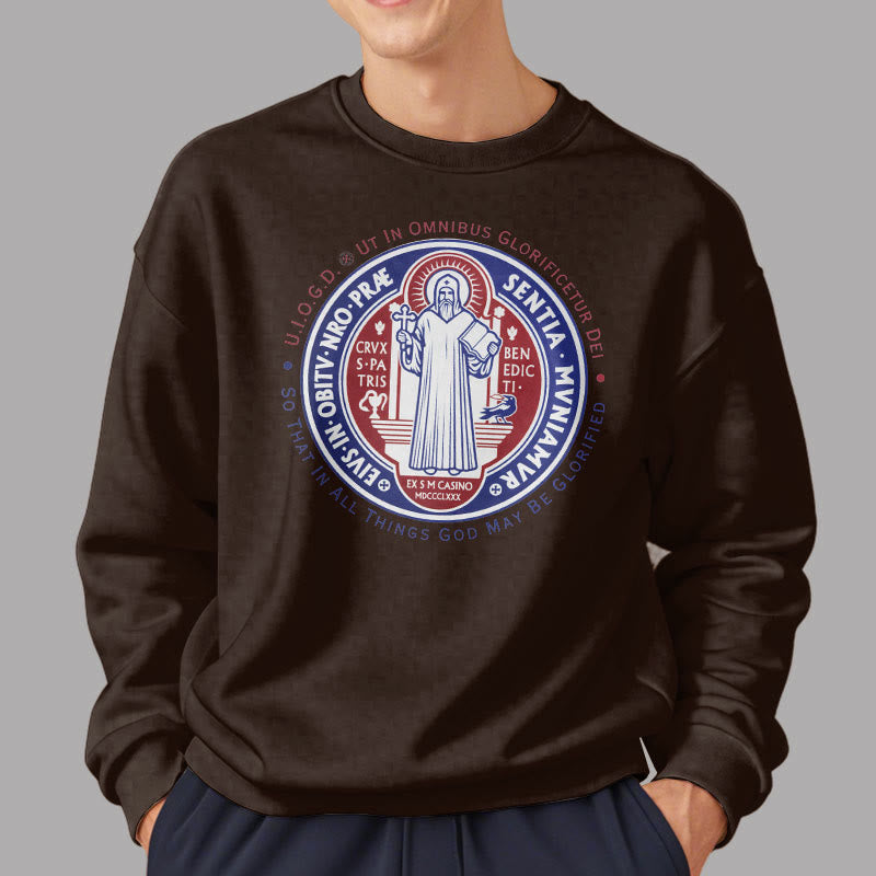 Christianartworkshop Classic Colored Style St. Benedict Medal Emblem Fleece Lined Polyester Sweatshirt