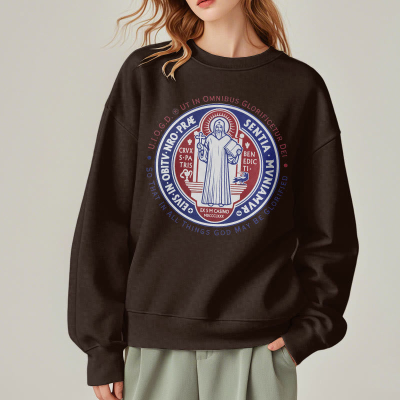 Christianartworkshop Classic Colored Style St. Benedict Medal Emblem Fleece Lined Polyester Sweatshirt