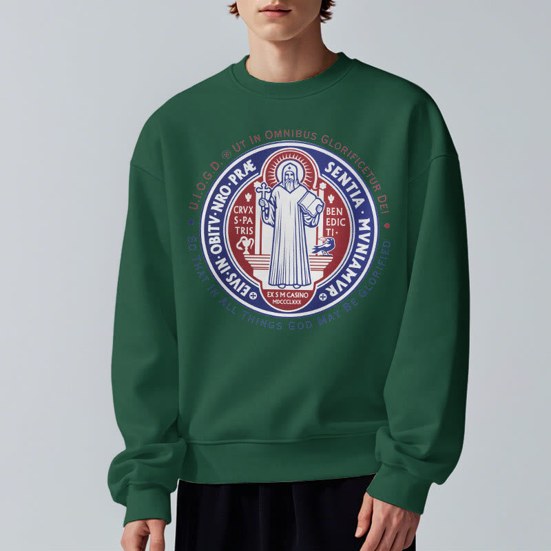 Christianartworkshop Classic Colored Style St. Benedict Medal Emblem Fleece Lined Polyester Sweatshirt