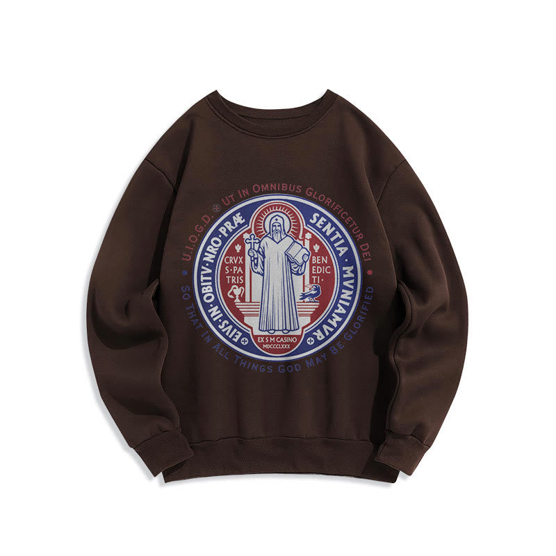 Christianartworkshop Classic Colored Style St. Benedict Medal Emblem Fleece Lined Polyester Sweatshirt