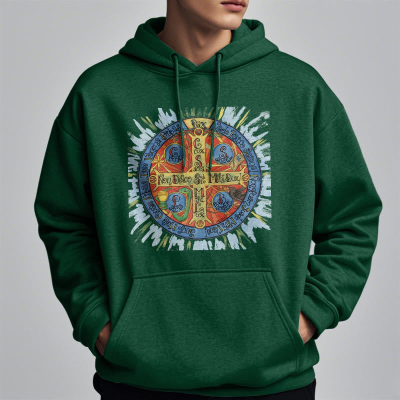 Christianartworkshop Classic Colored Style Pax Benedictine Cross Fleece Lined Polyester Hoodie