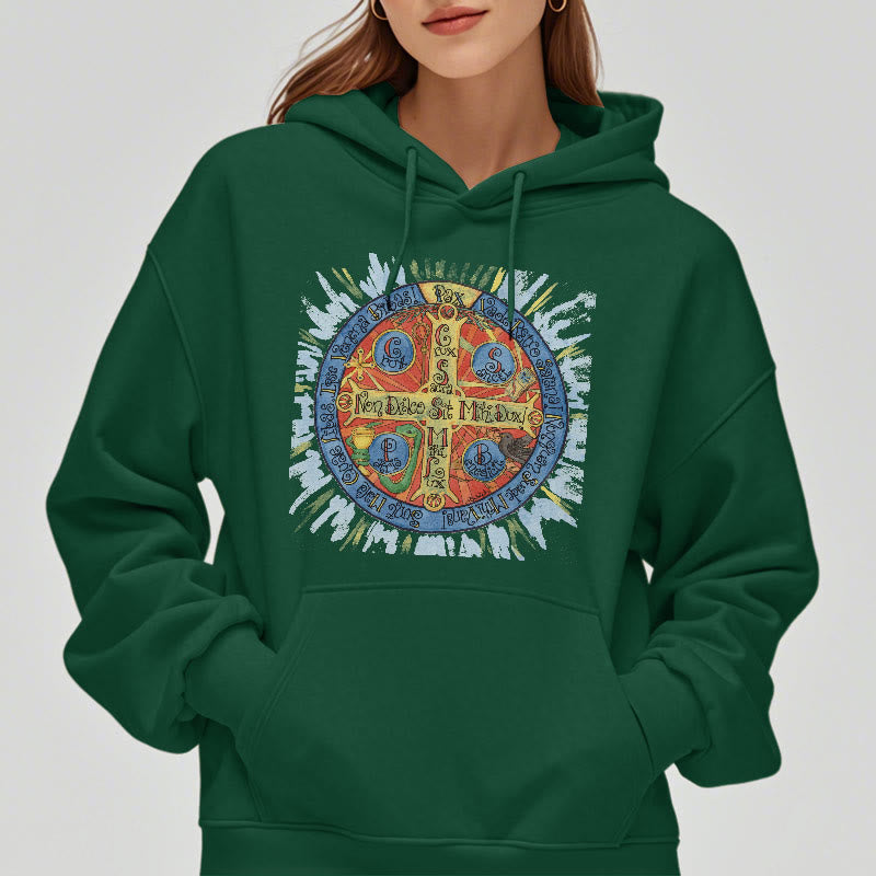 Christianartworkshop Classic Colored Style Pax Benedictine Cross Fleece Lined Polyester Hoodie