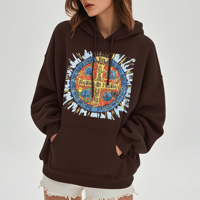 Christianartworkshop Classic Colored Style Pax Benedictine Cross Fleece Lined Polyester Hoodie