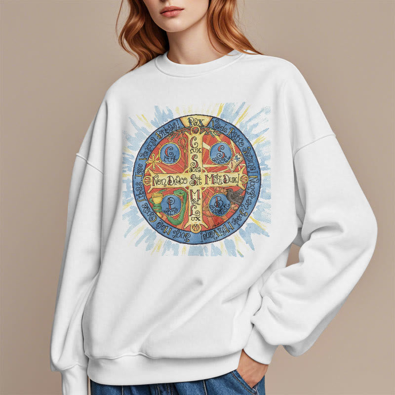 Christianartworkshop Classic Colored Style Pax Benedictine Cross Fleece Lined Polyester Sweatshirt
