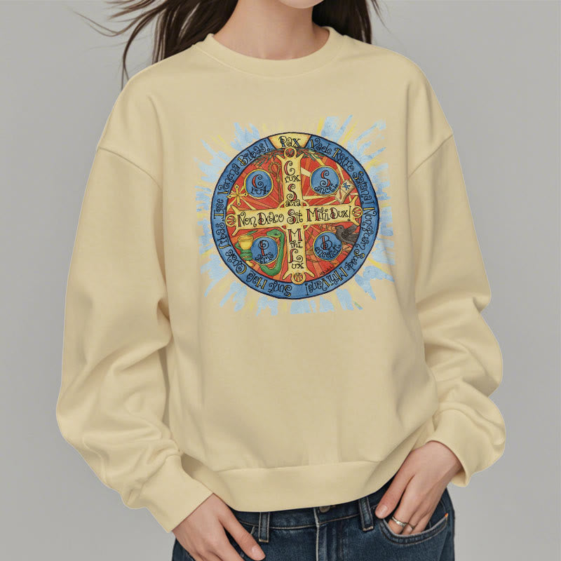 Christianartworkshop Classic Colored Style Pax Benedictine Cross Fleece Lined Polyester Sweatshirt
