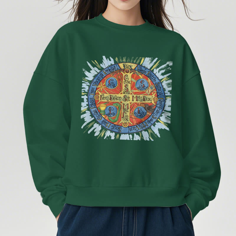 Christianartworkshop Classic Colored Style Pax Benedictine Cross Fleece Lined Polyester Sweatshirt