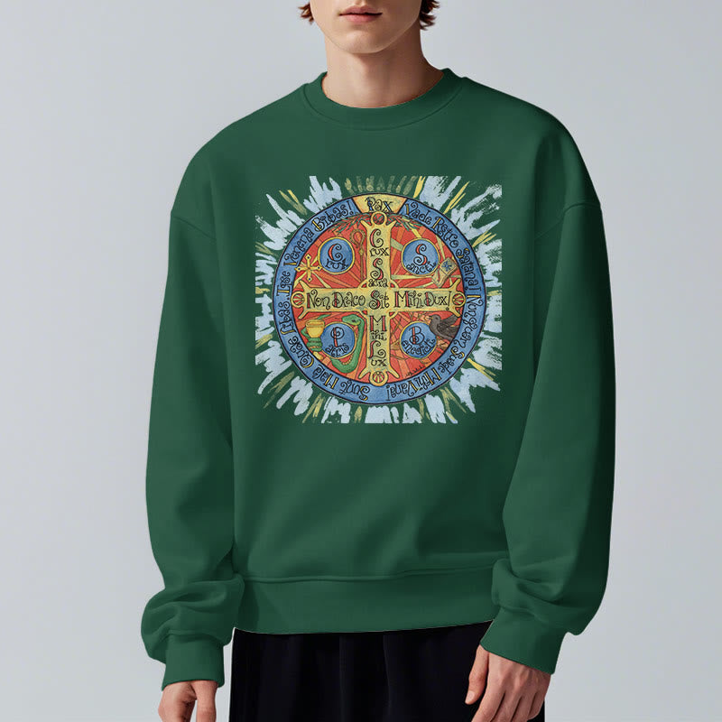 Christianartworkshop Classic Colored Style Pax Benedictine Cross Fleece Lined Polyester Sweatshirt